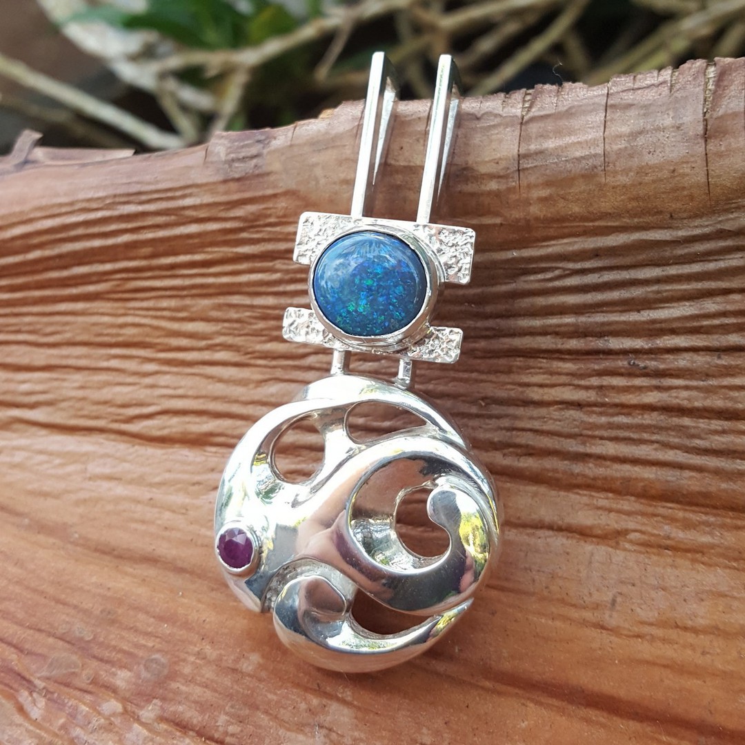 Opal & ruby designer pendant - Made in NZ image 1