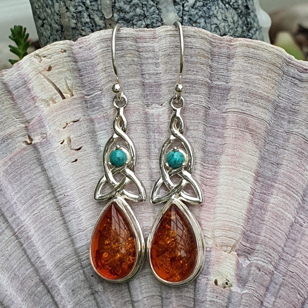 Silver amber earrings with infinity knot and turquoise gemstone image 1
