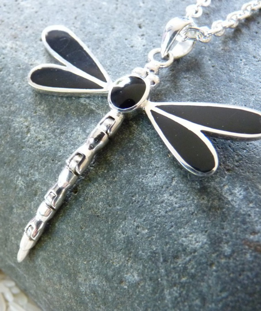 Black shell silver dragonfly pendant image 1