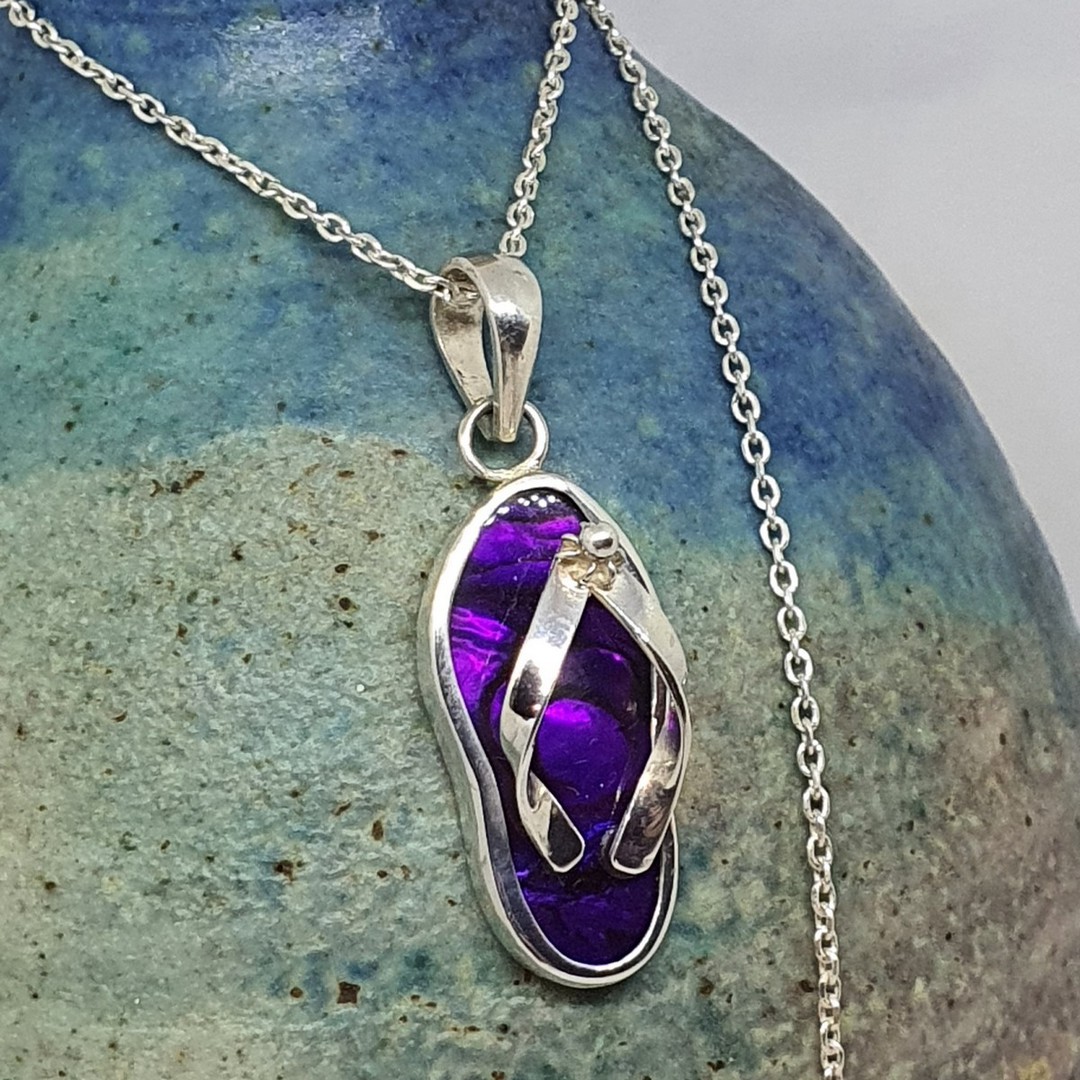 Sterling silver purple paua shell jandal pendant image 0