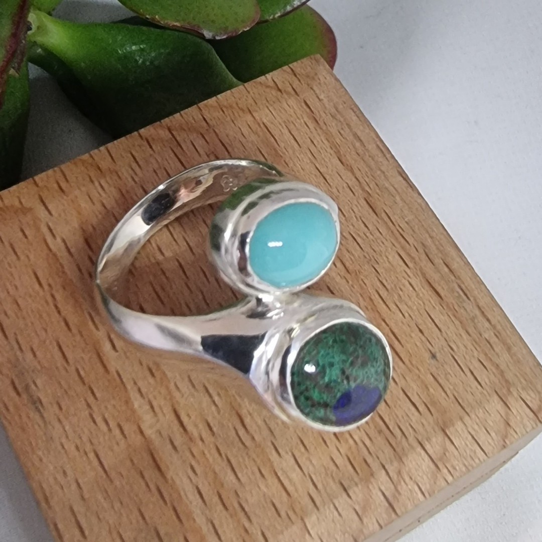 Turquoise and malachite azurite gemstone silver ring image 2