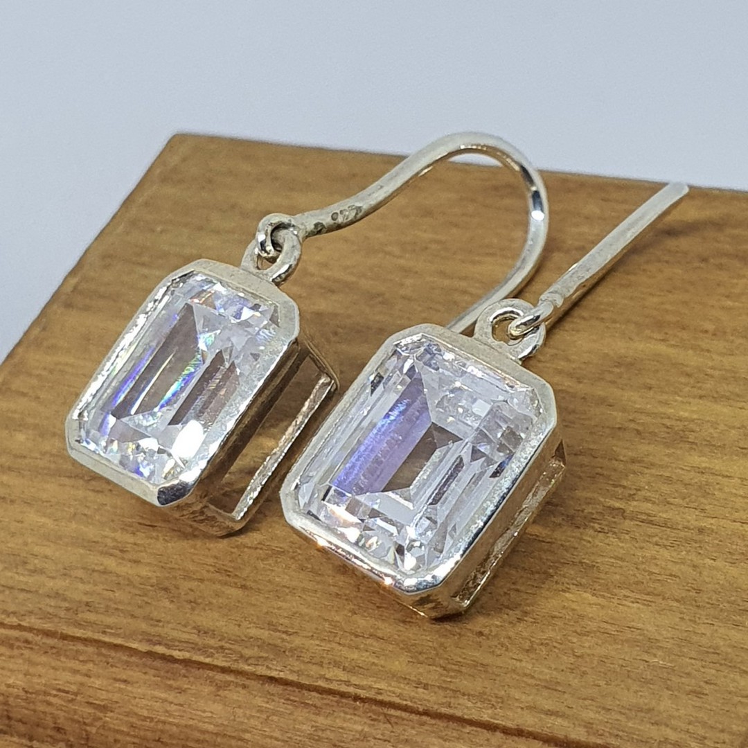 Rectangle cut cubic zirconia sterling silver earrings image 1