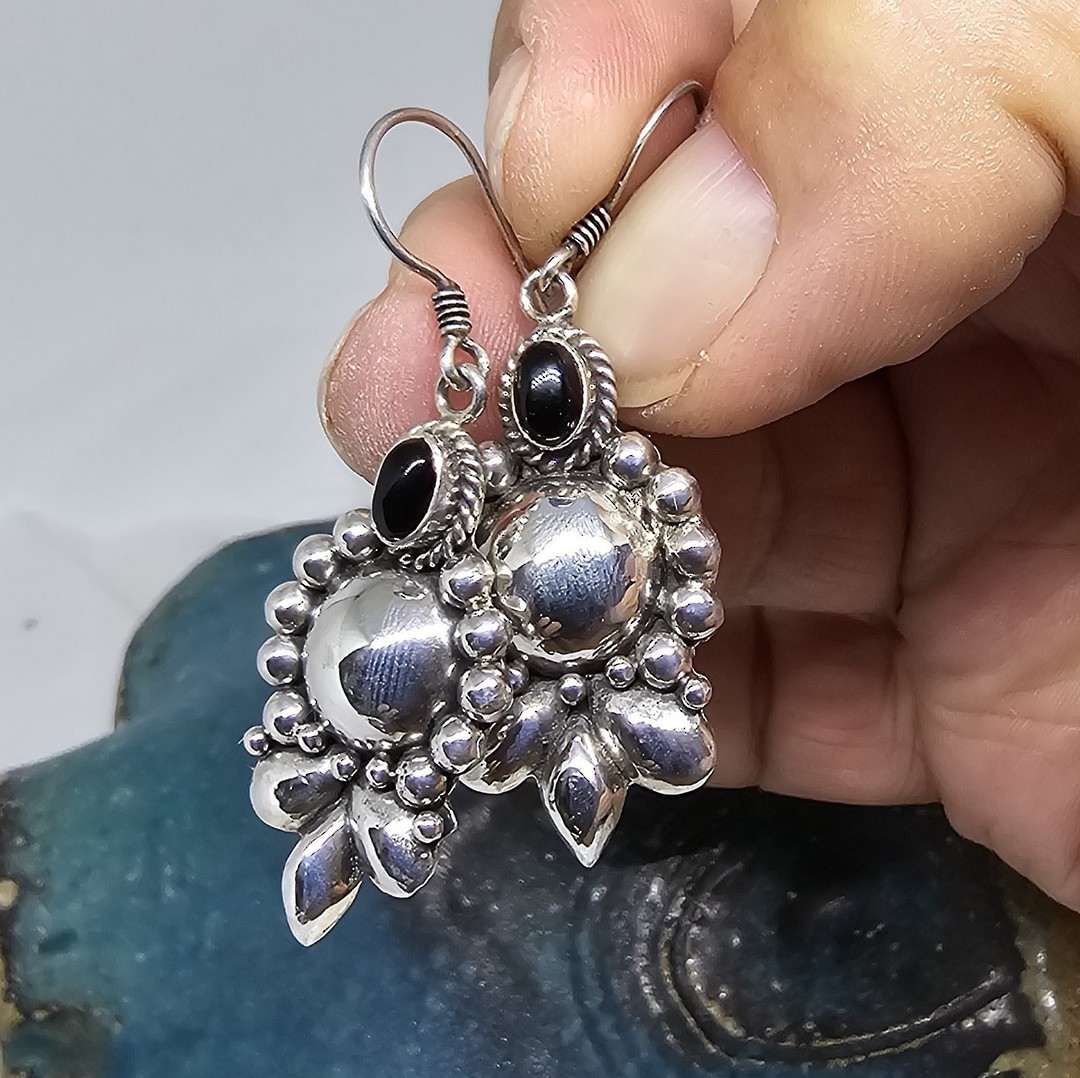 Longer length, hook style, silver onyx earrings image 2