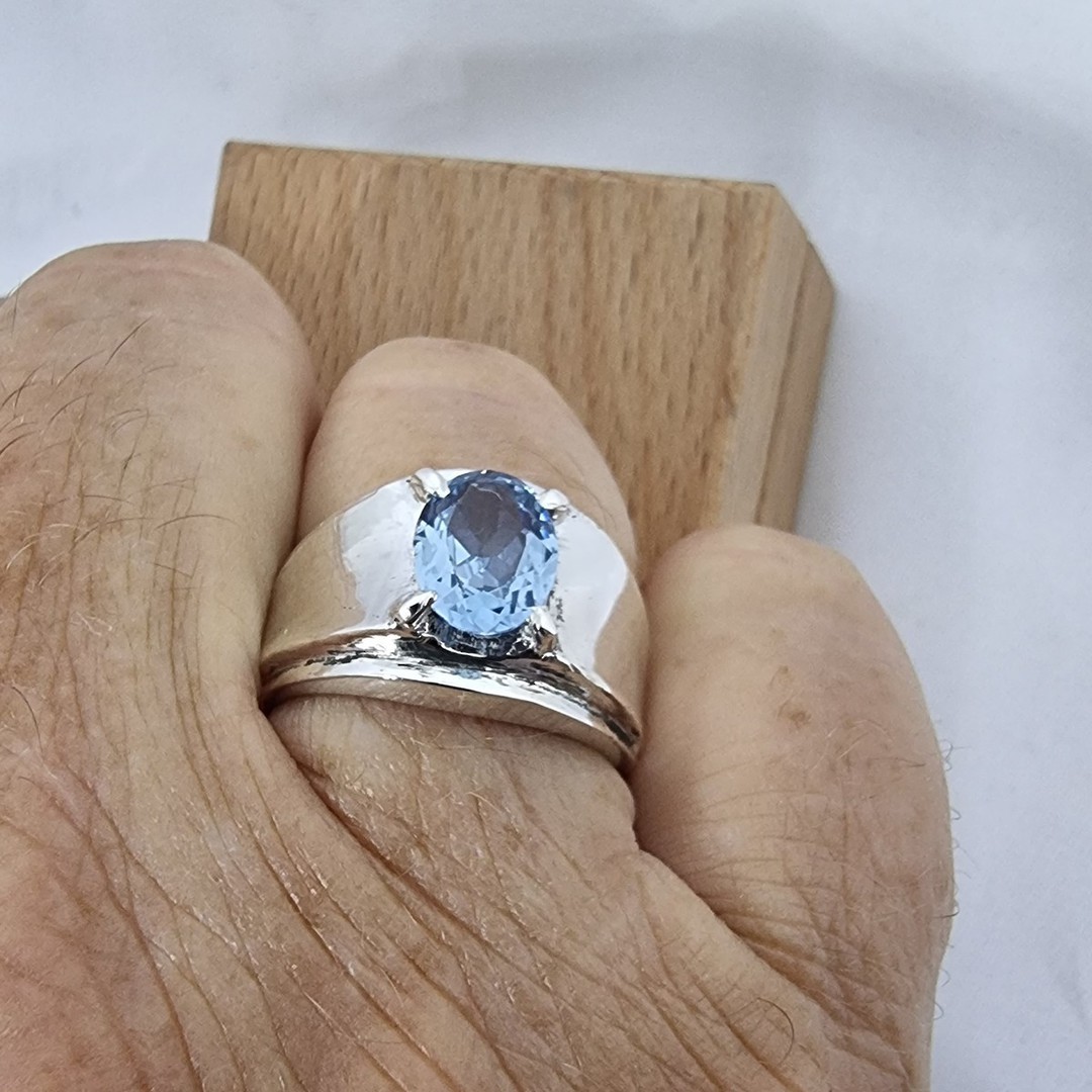 Wide silver band ring with blue topaz simulated gemstone image 1