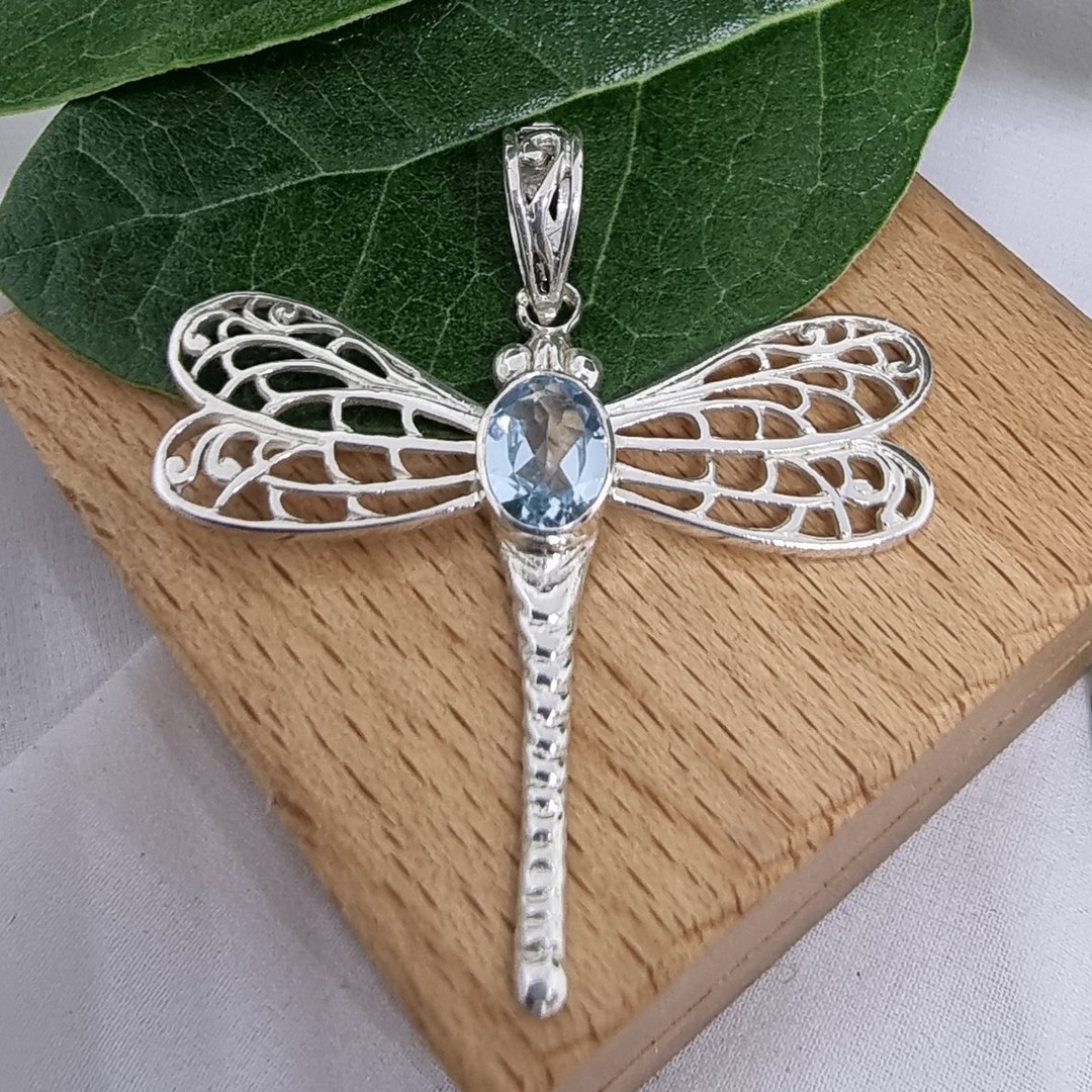 Sterling silver blue topaz dragonfly pendant image 2