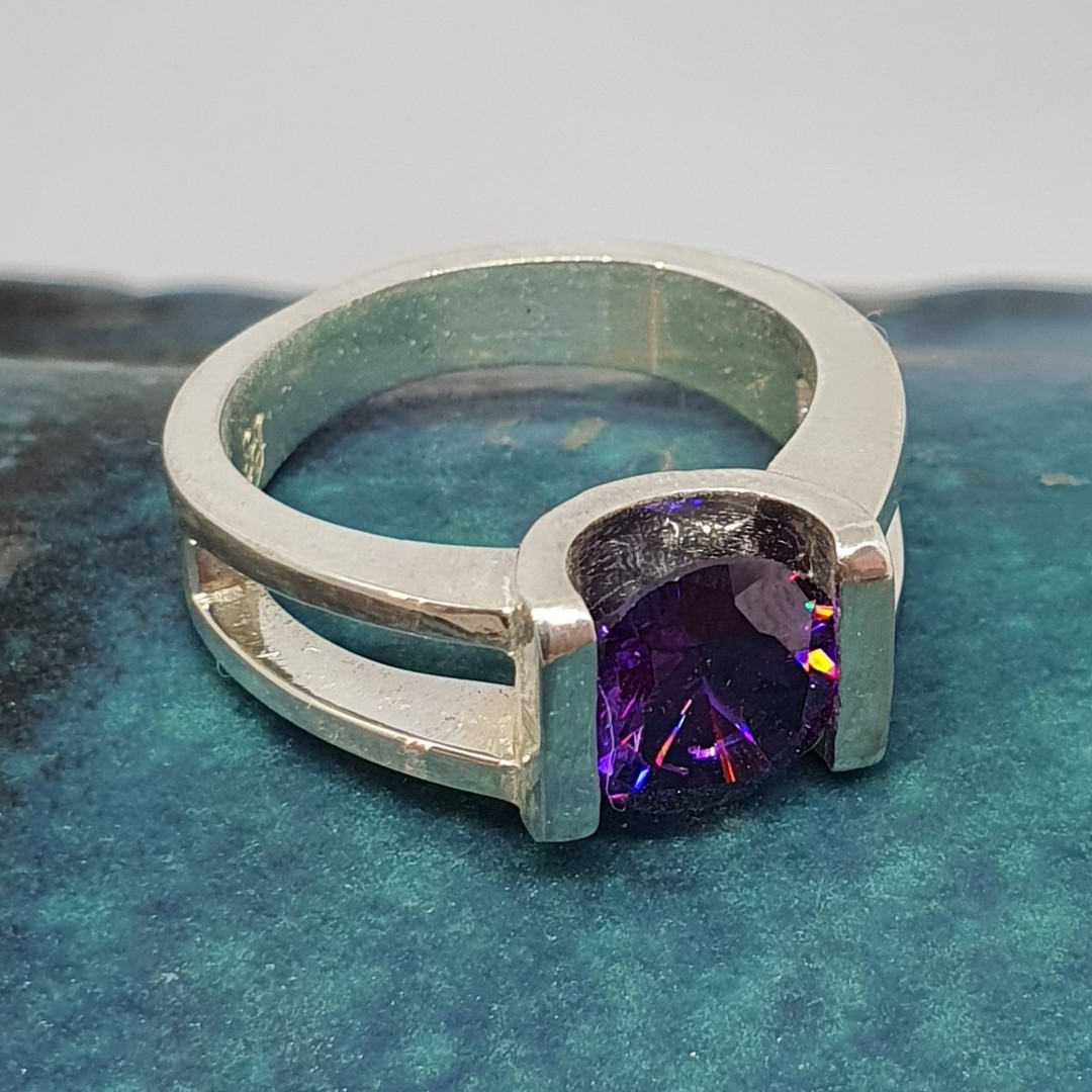 Open sides, sterling silver ring with purple stone image 1