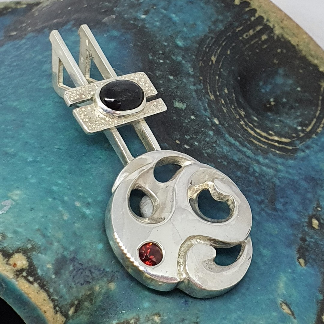 Sterling silver NZ made obsidian and garnet pendant image 0