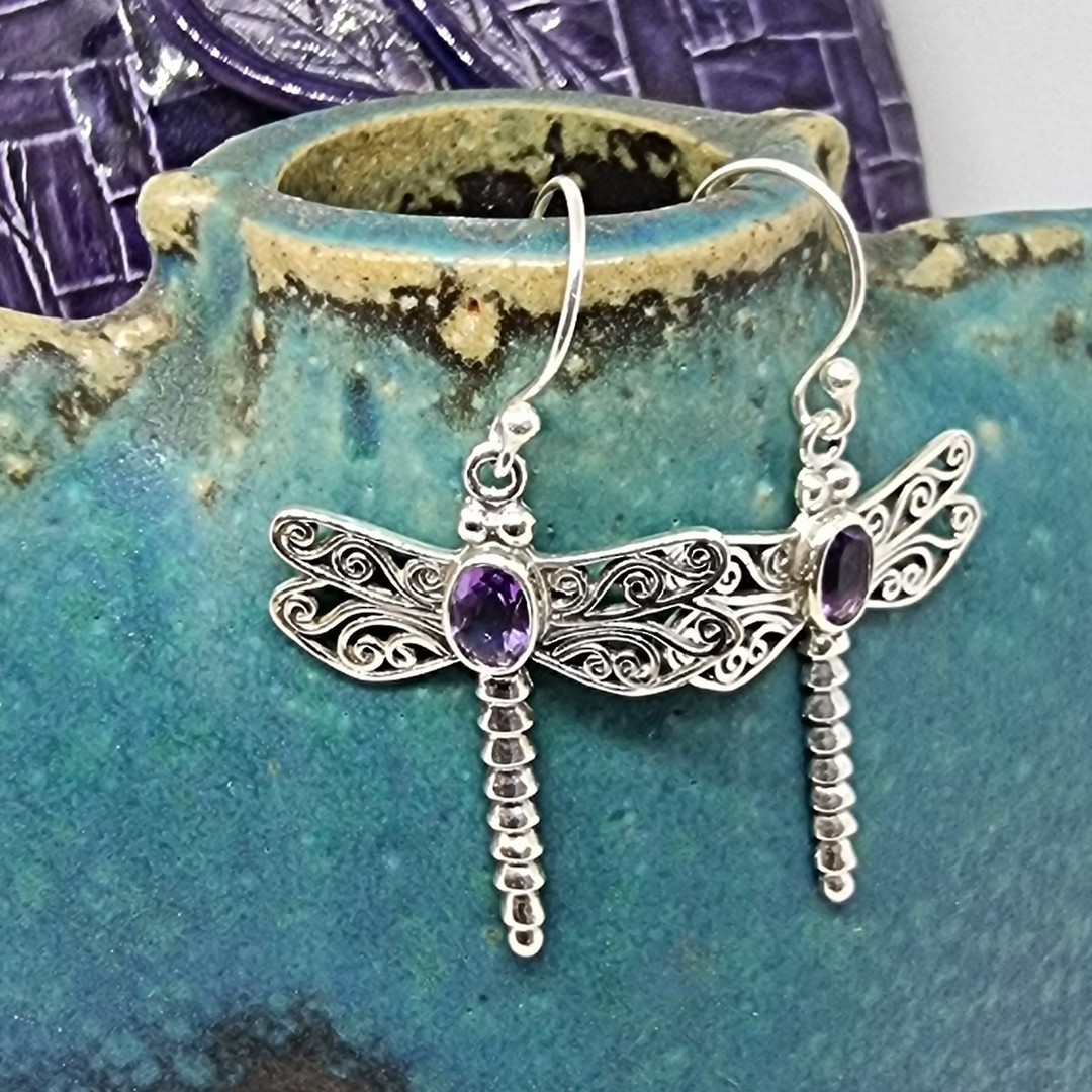 Silver amethyst dragonfly earrings image 0
