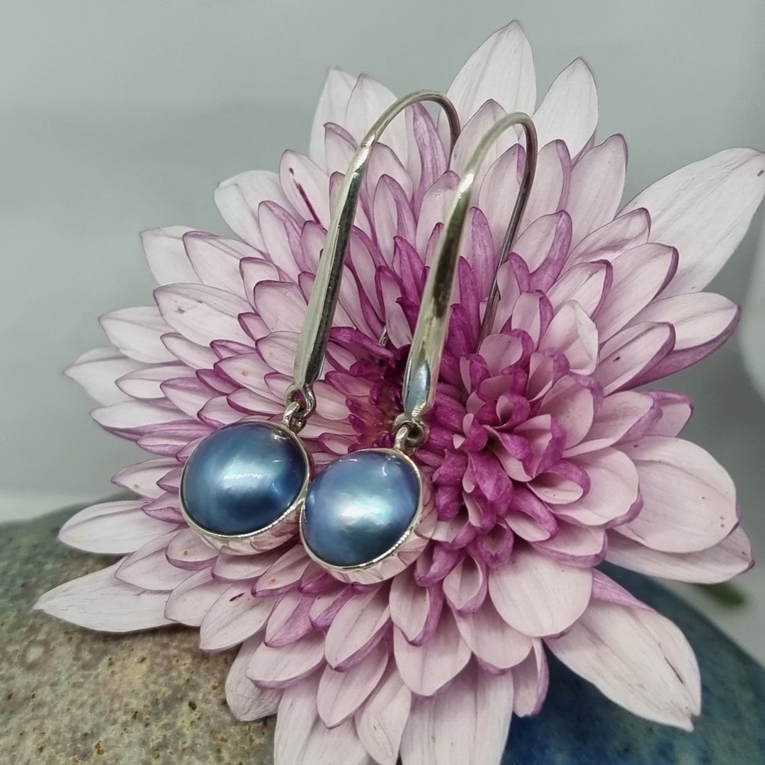 Elegant long stem grey pearl earrings, sterling silver image 2