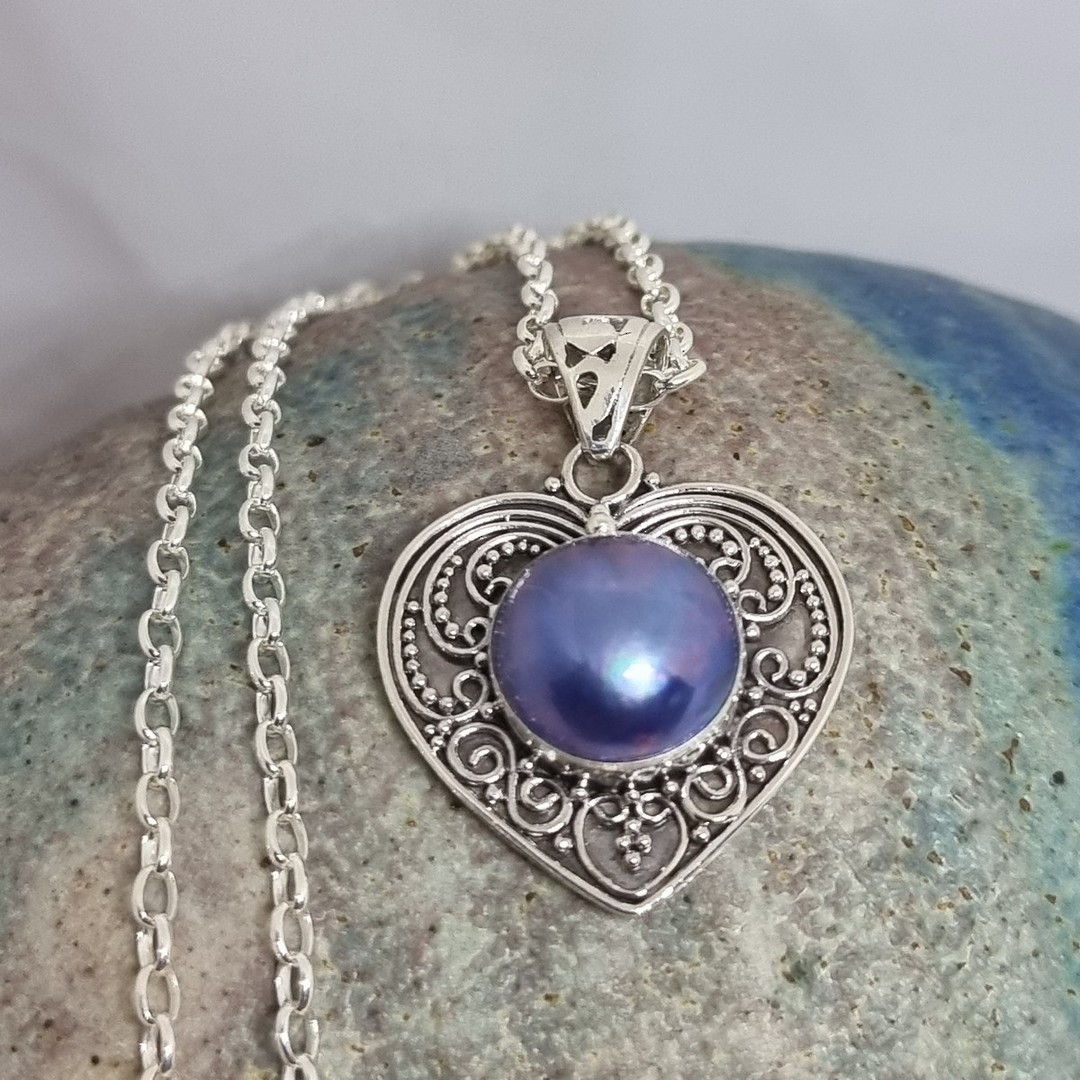 Sterling silver heart pendant with grey mabe pearl image 1