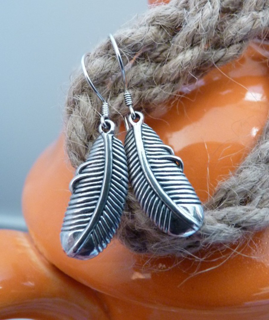 Sterling silver feather earrings on hooks image 2
