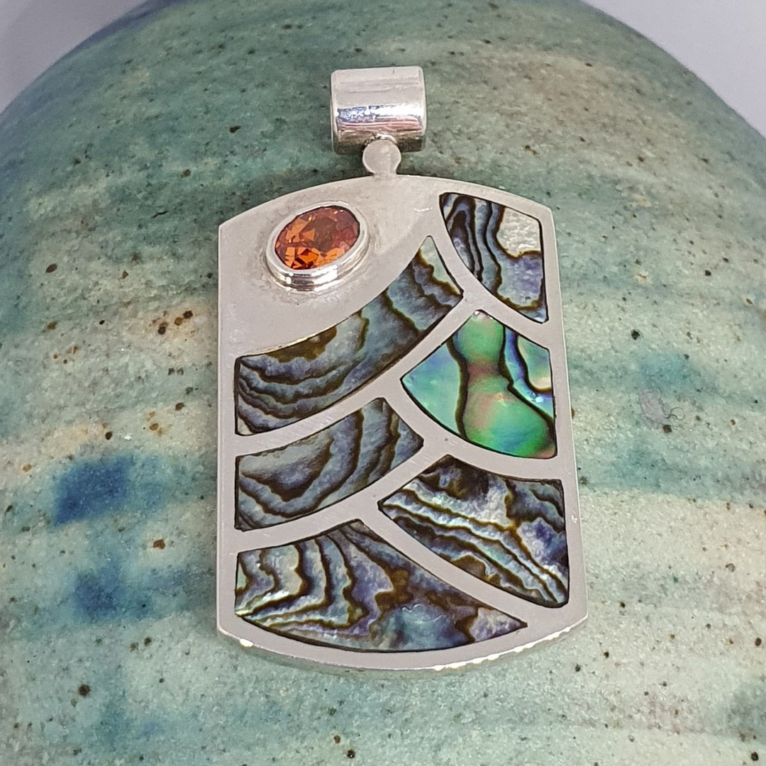 NZ paua shell pendant, sterling silver image 0