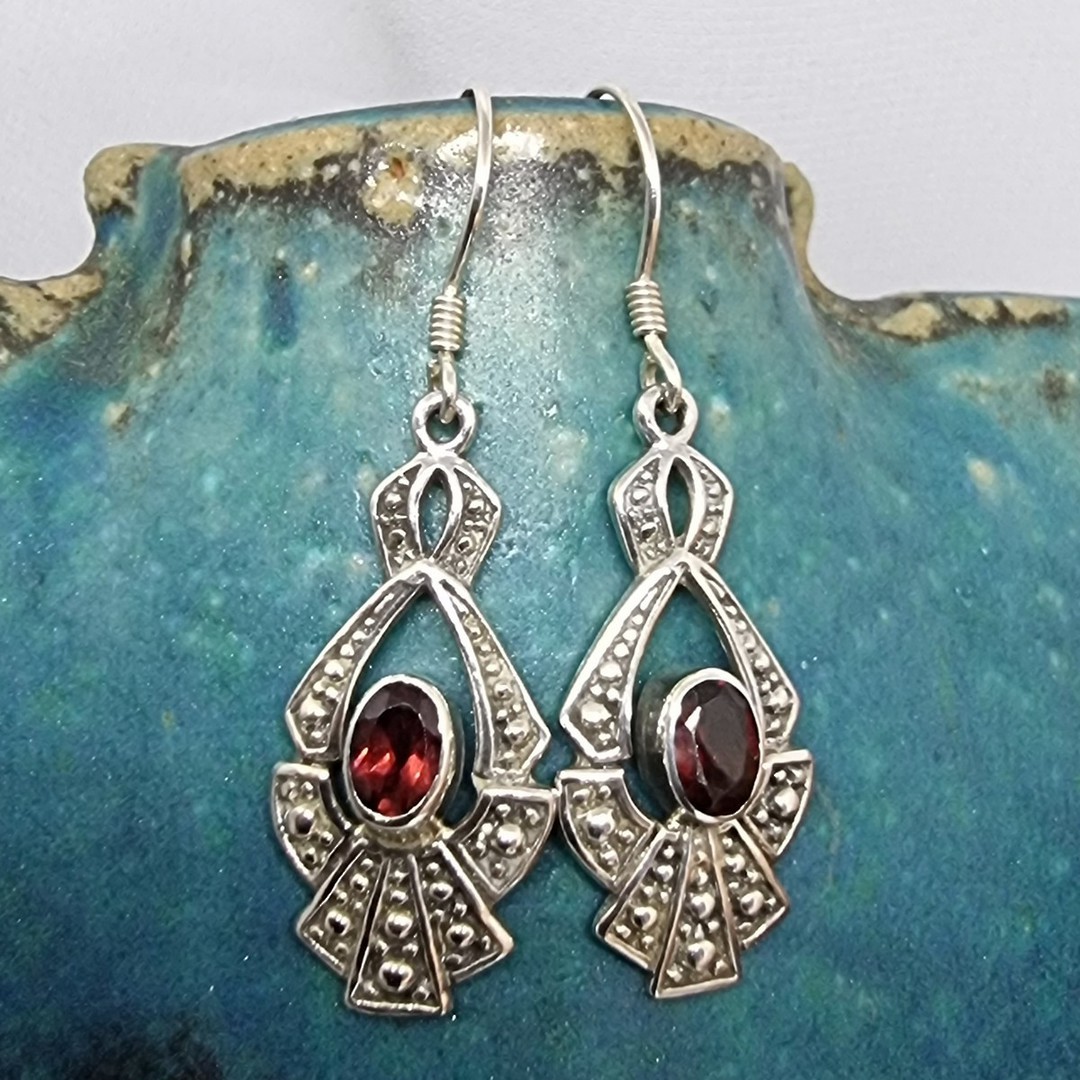 Sterling silver hooked garnet earrings image 1