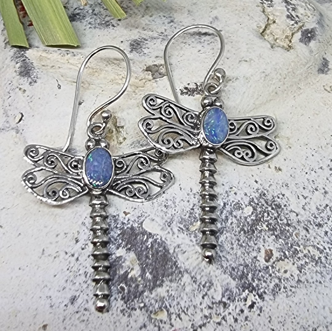 Silver opal dragonfly earrings image 1