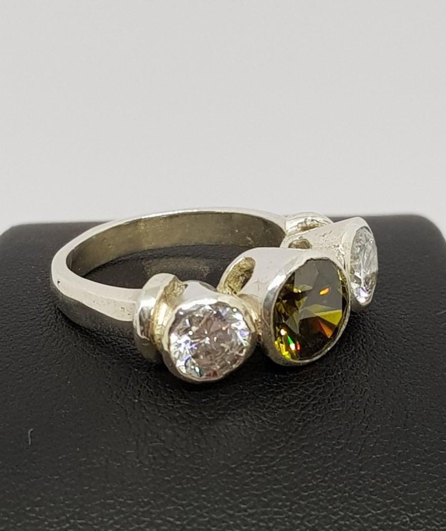Silver synthetic perdiot ring with two cz image 2