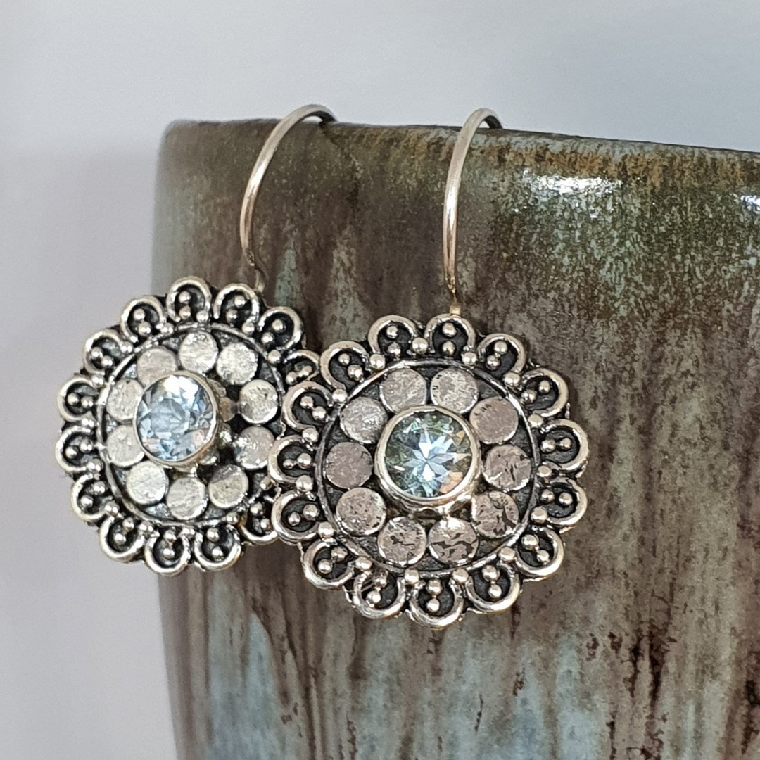Silver blue topaz flower earrings image 0