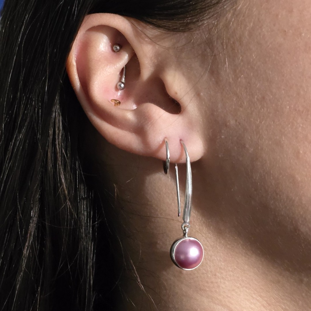 Sterling silver elegant long pink pearl hook earrings image 1