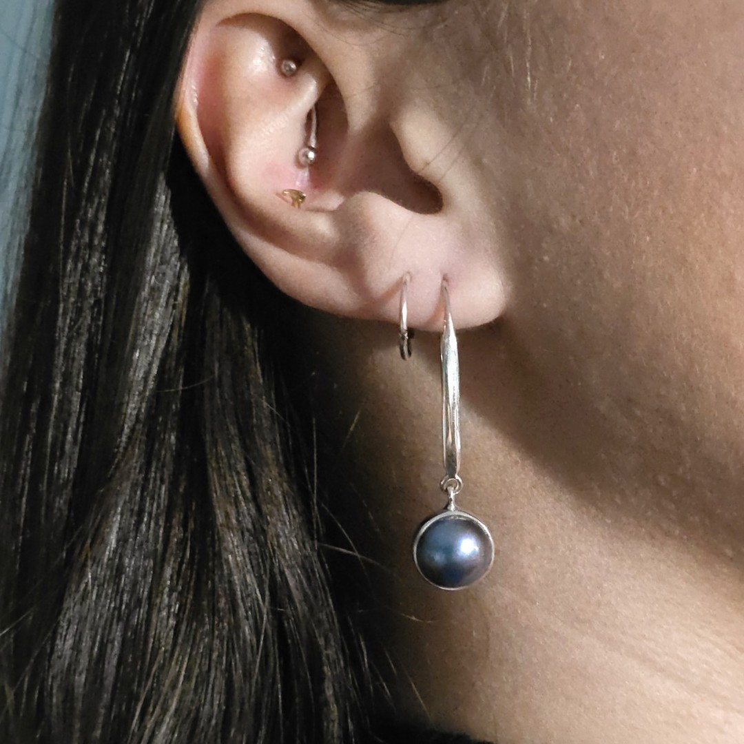 Elegant long stem grey pearl earrings, sterling silver image 1
