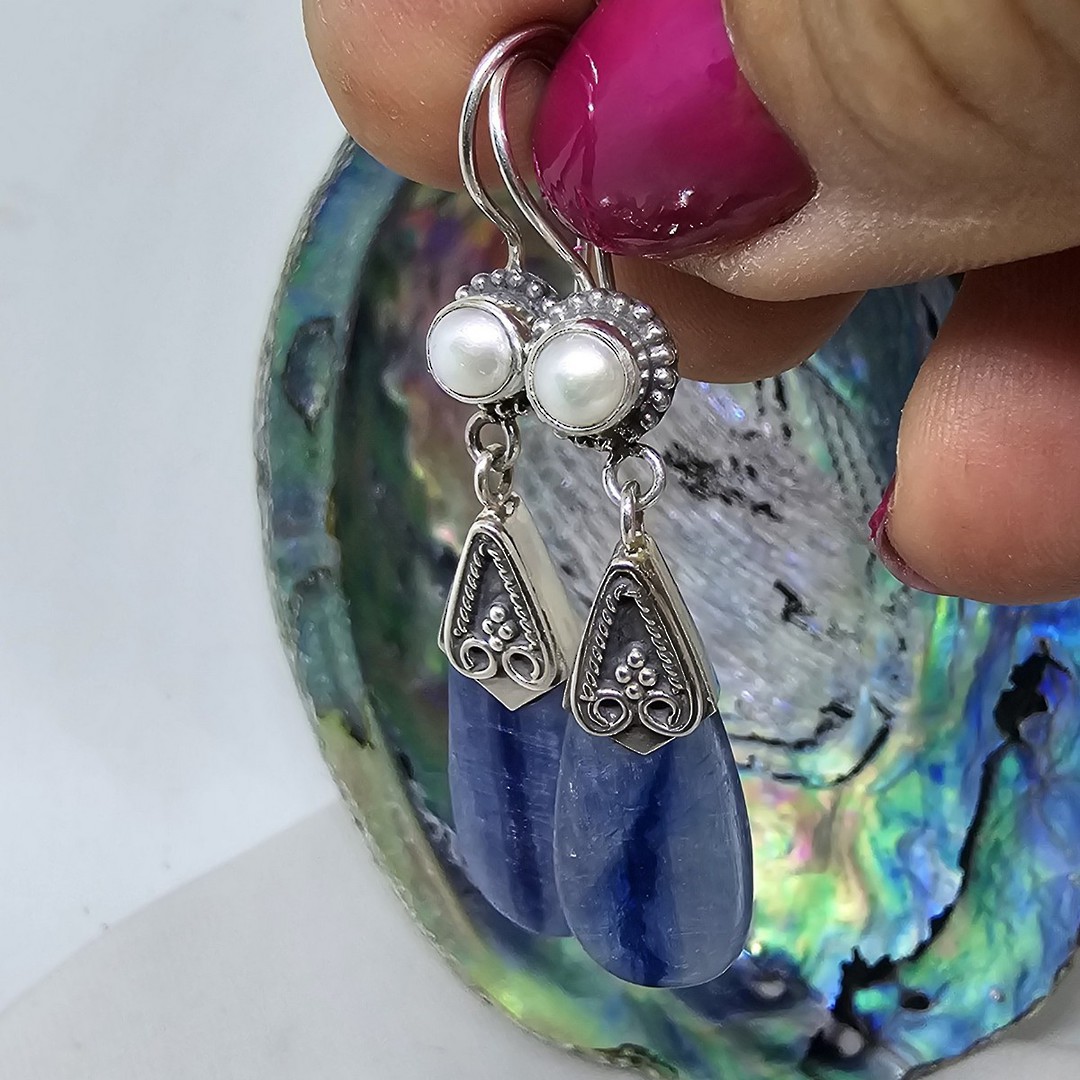 Sterling silver kyanite and pearl earrings image 4
