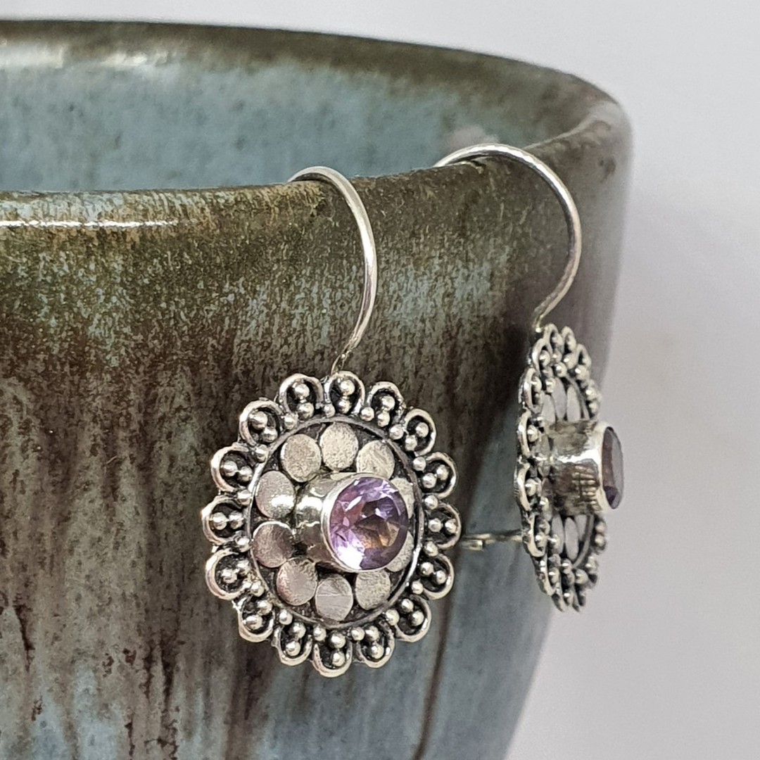 Silver purple gemstone flower earrings image 1