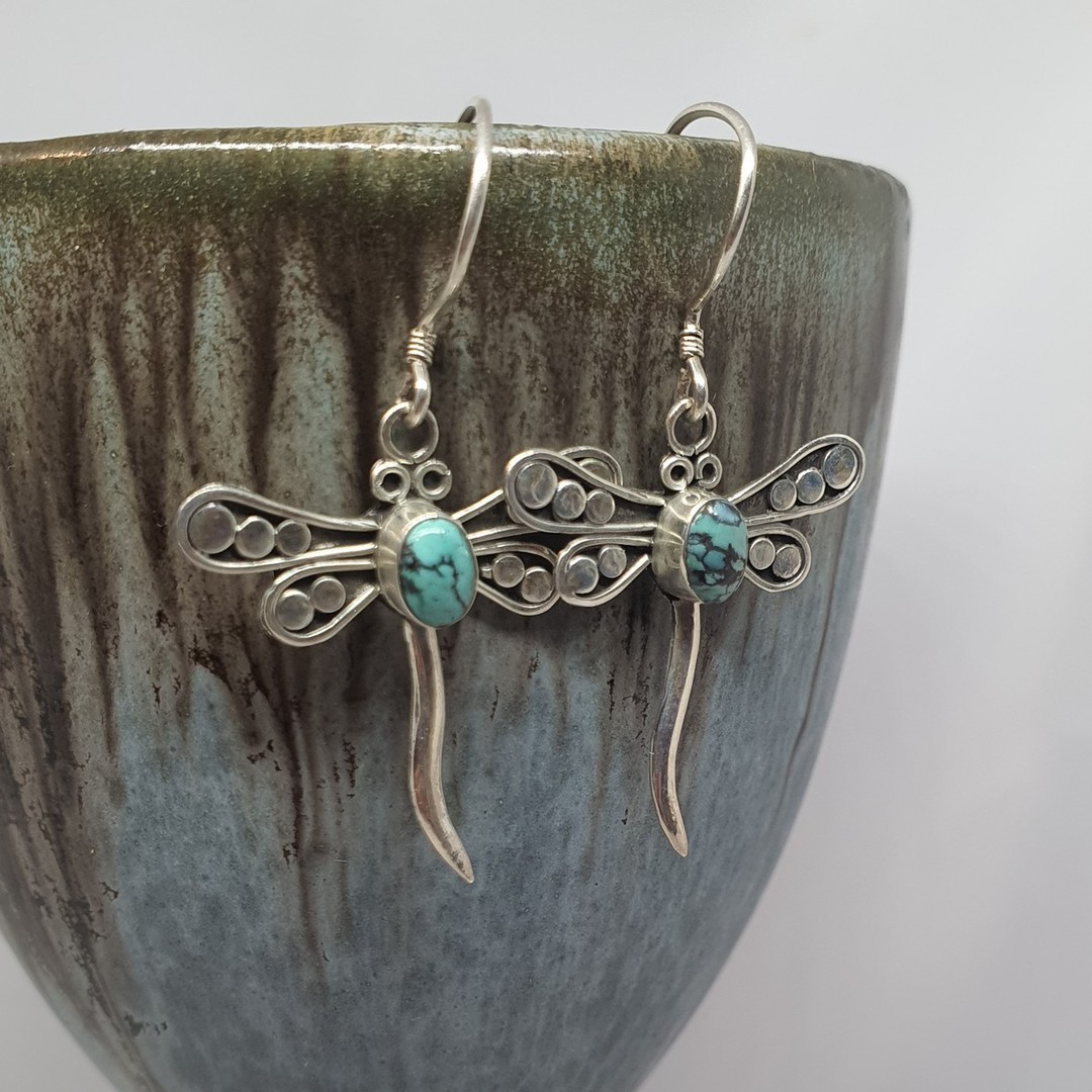Silver dragonfly earrings with turquoise gemstone image 0