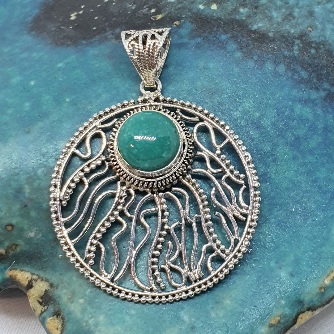 Sterling silver round filigree turquoise pendant image 0