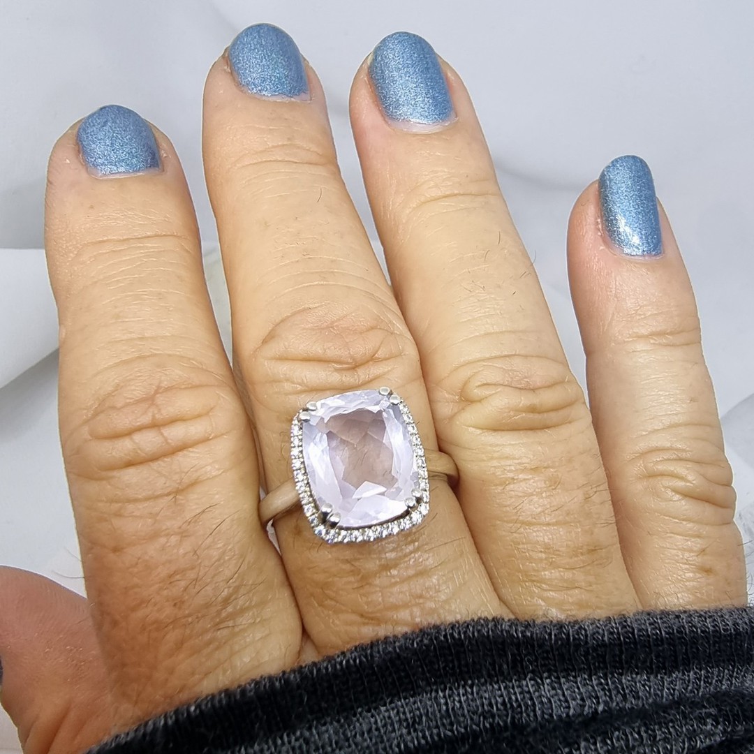 Romantic cushion cut rose quartz and cz silver ring image 1