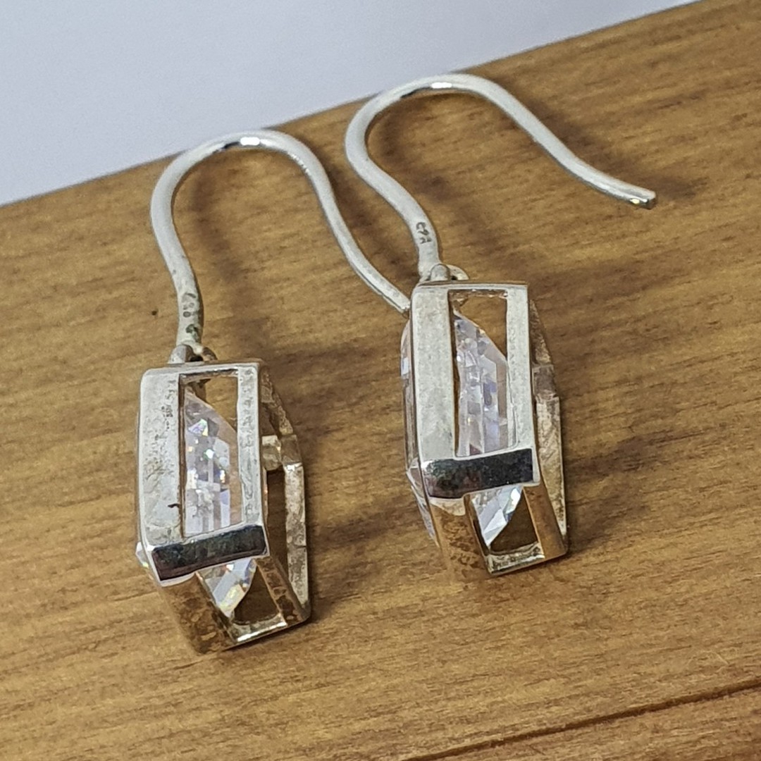 Rectangle cut cubic zirconia sterling silver earrings image 3