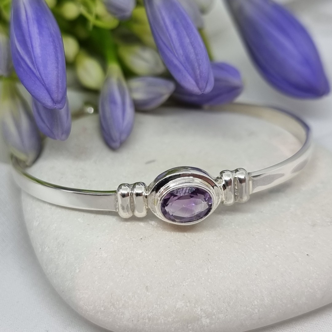 Adjustable silver baby bangle with synthetic amethyst image 1