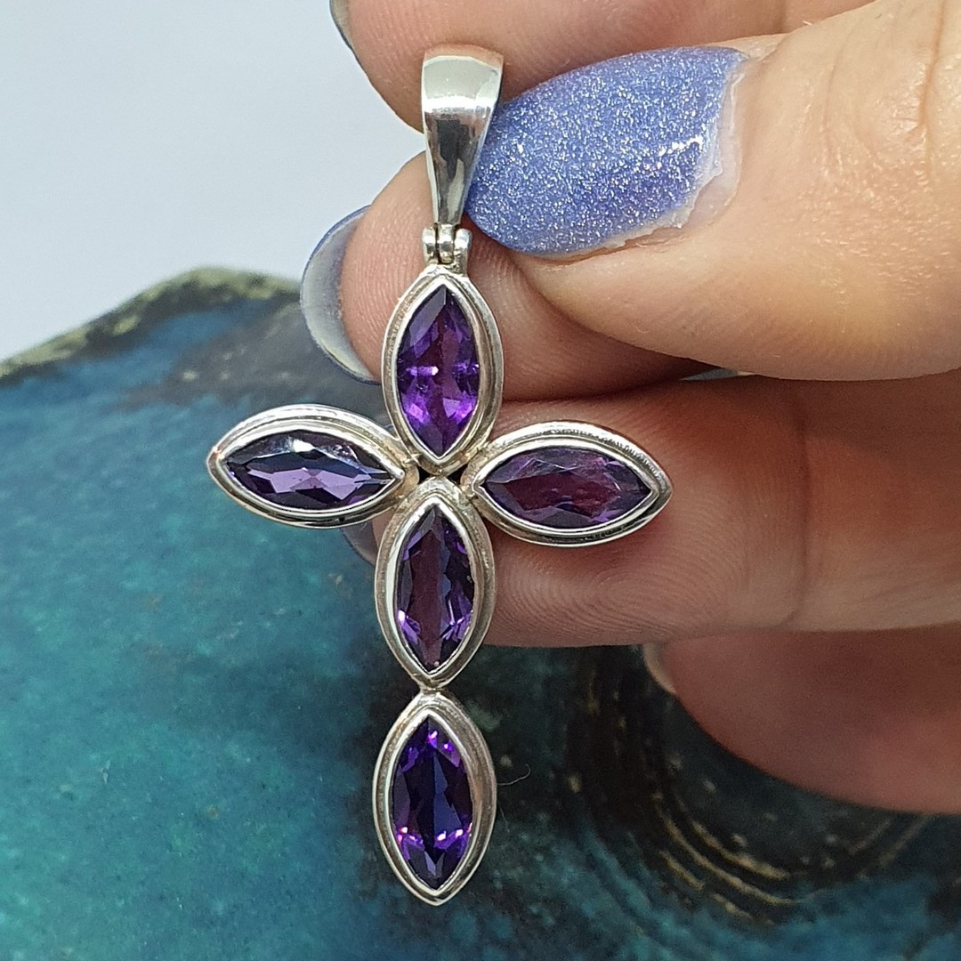Sterling silver cross pendant with purple gemstones image 1