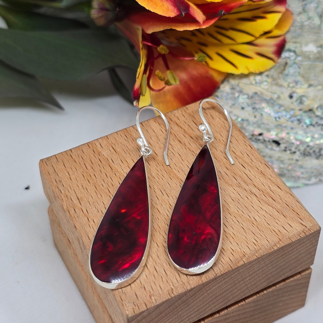 Elongated oval red earrings, sterling silver gorgeous shine image 2