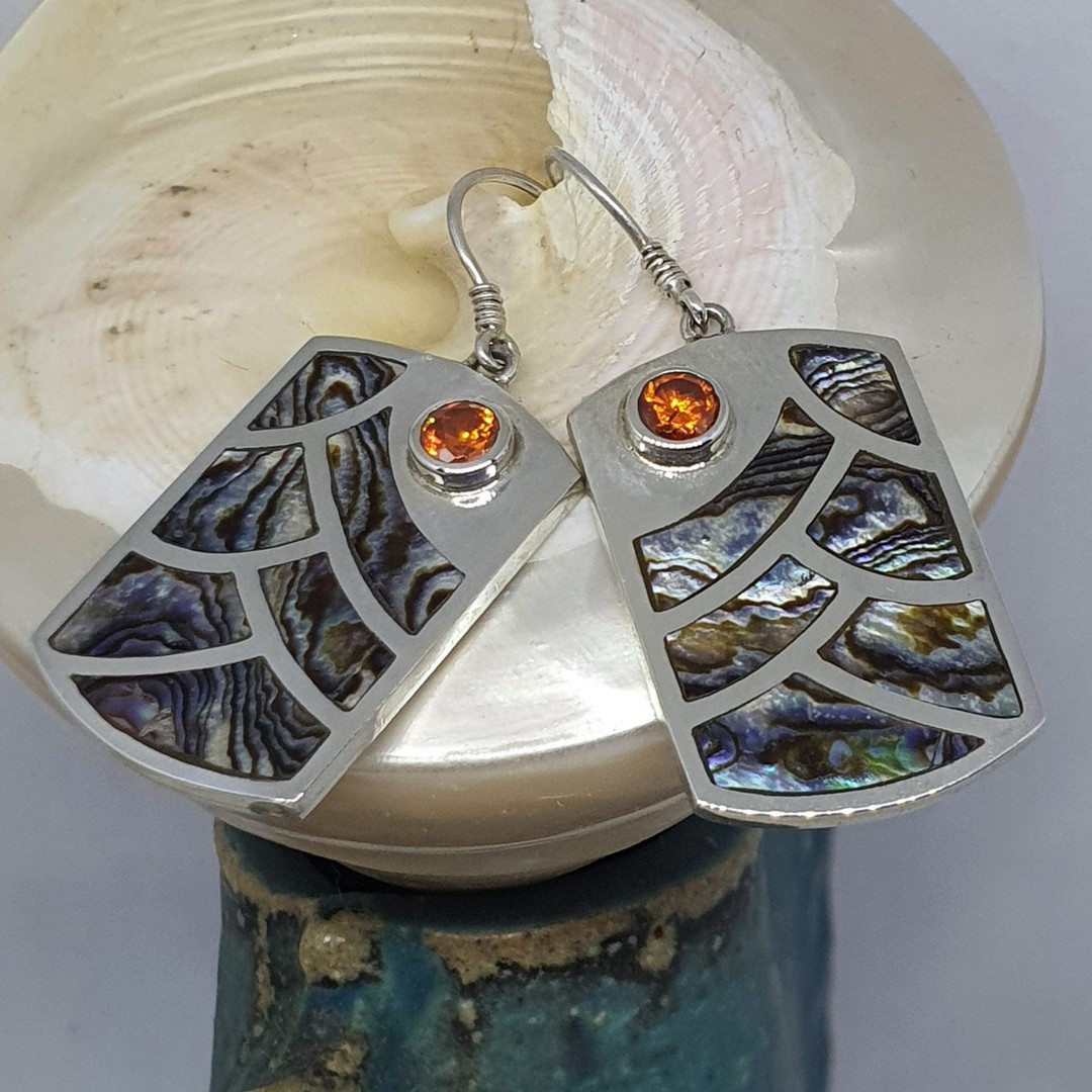 Large rectangle paua shell earrings with gemstone image 1