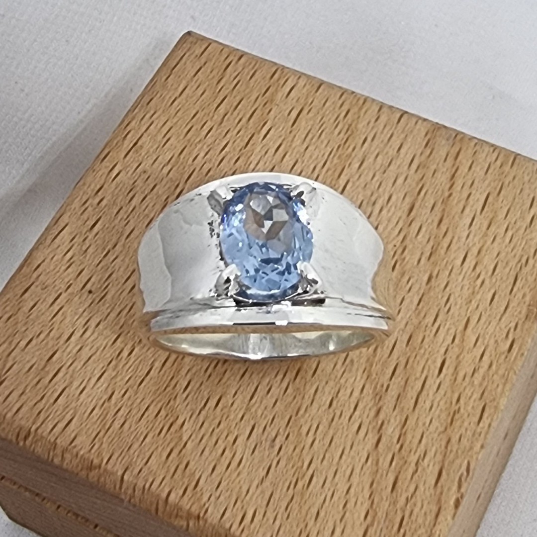 Wide silver band ring with blue topaz simulated gemstone image 3