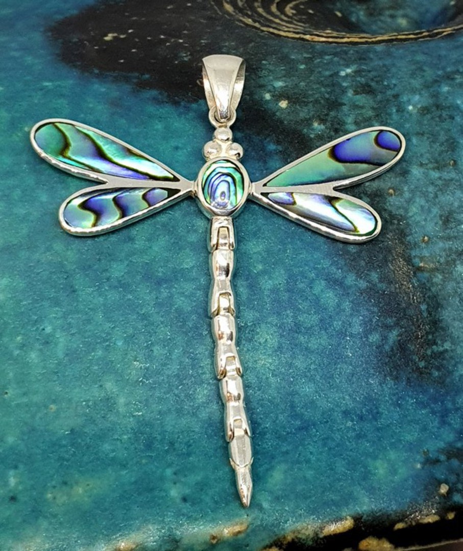 NZ paua shell silver dragonfly pendant image 2