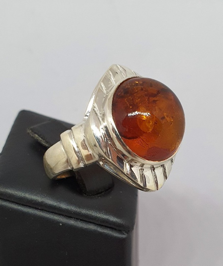 Chunky silver amber ring, made in NZ image 0