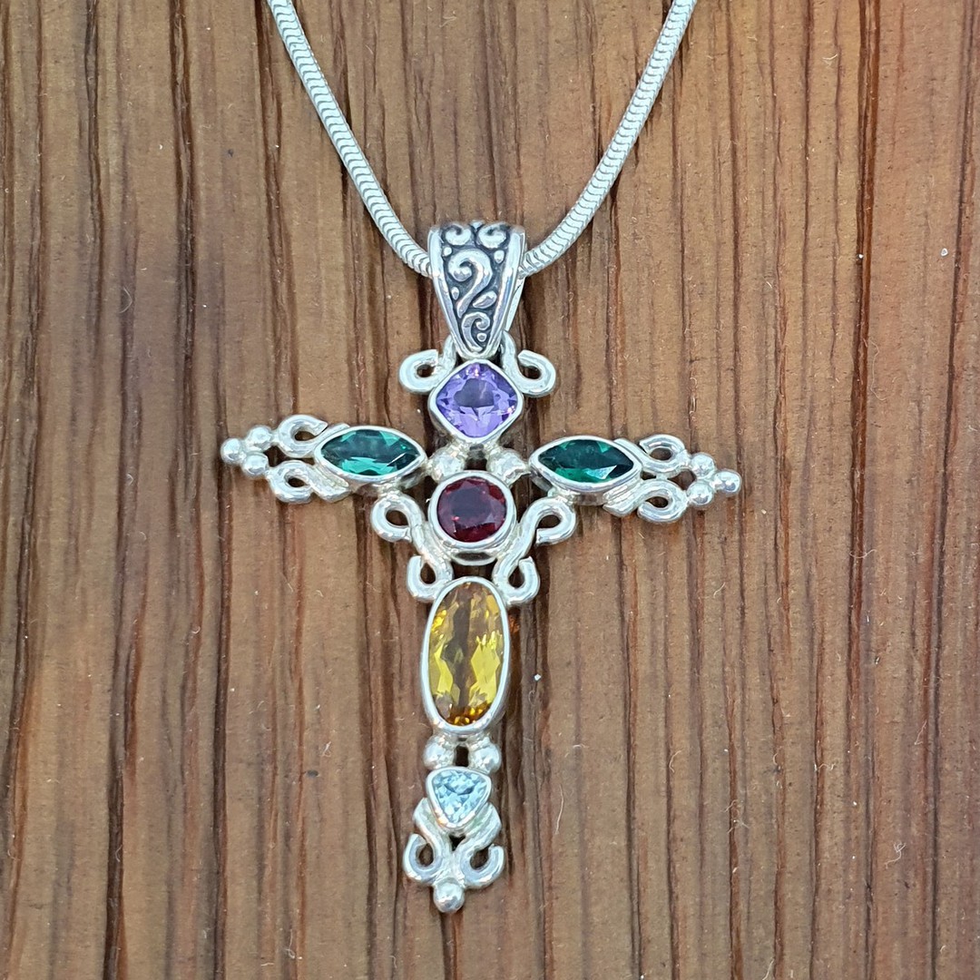 Sparkling coloured gemstone silver pendant cross necklace image 1