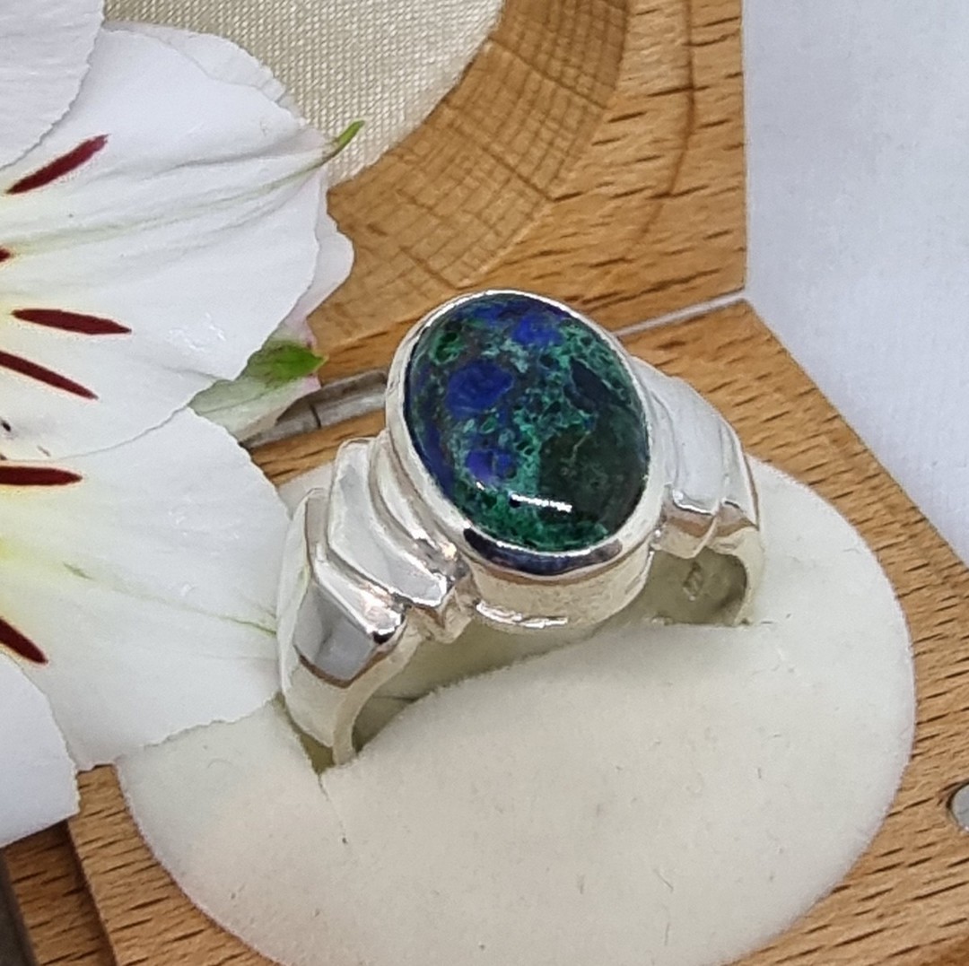 Sterling silver oval azurite malachite ring, made in NZ image 0