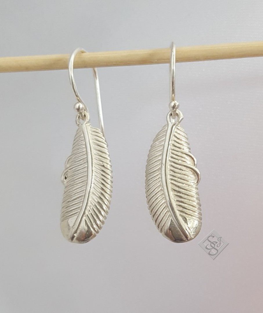 Sterling silver feather earrings on hooks image 1