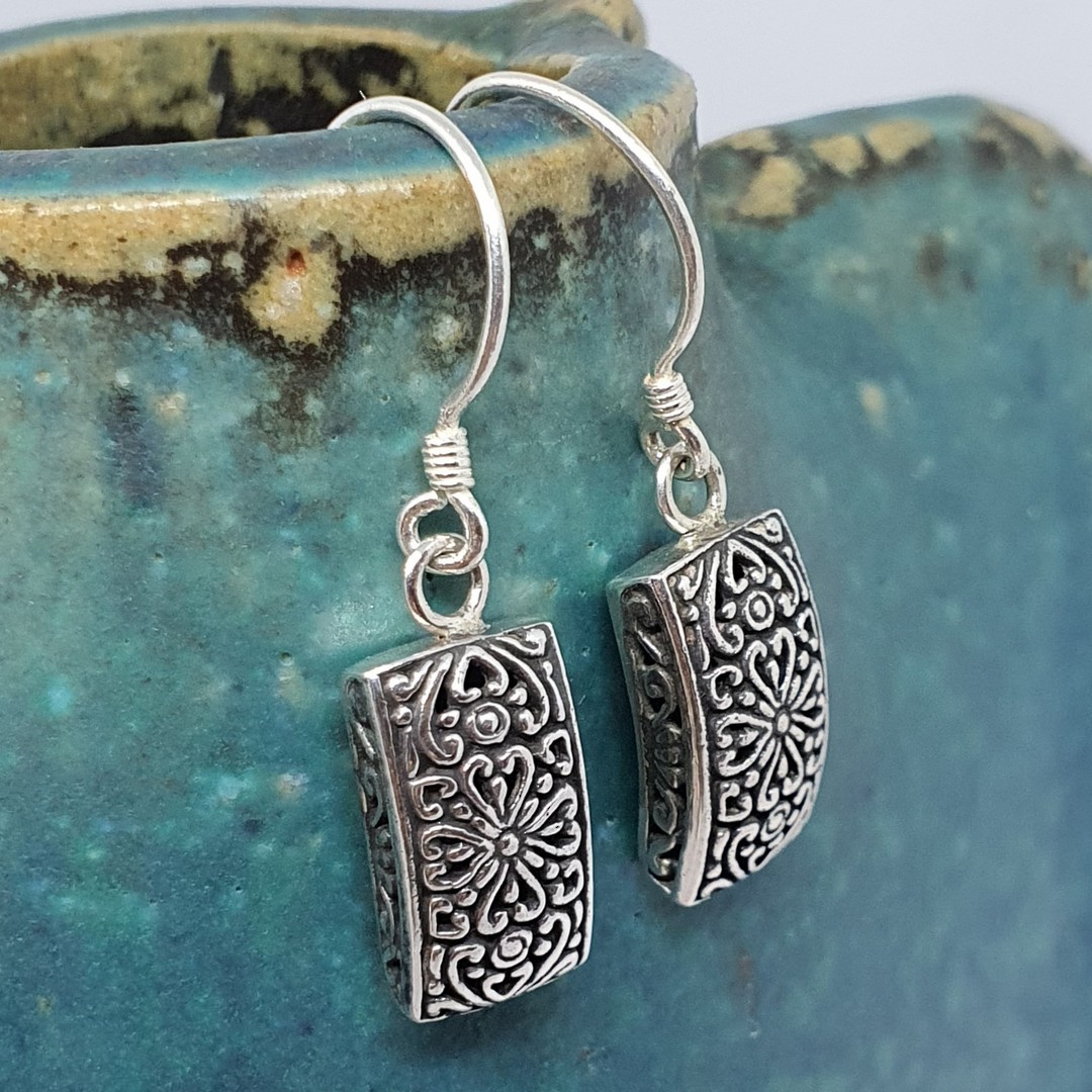 Sterling silver decorated rectangle earrings image 0