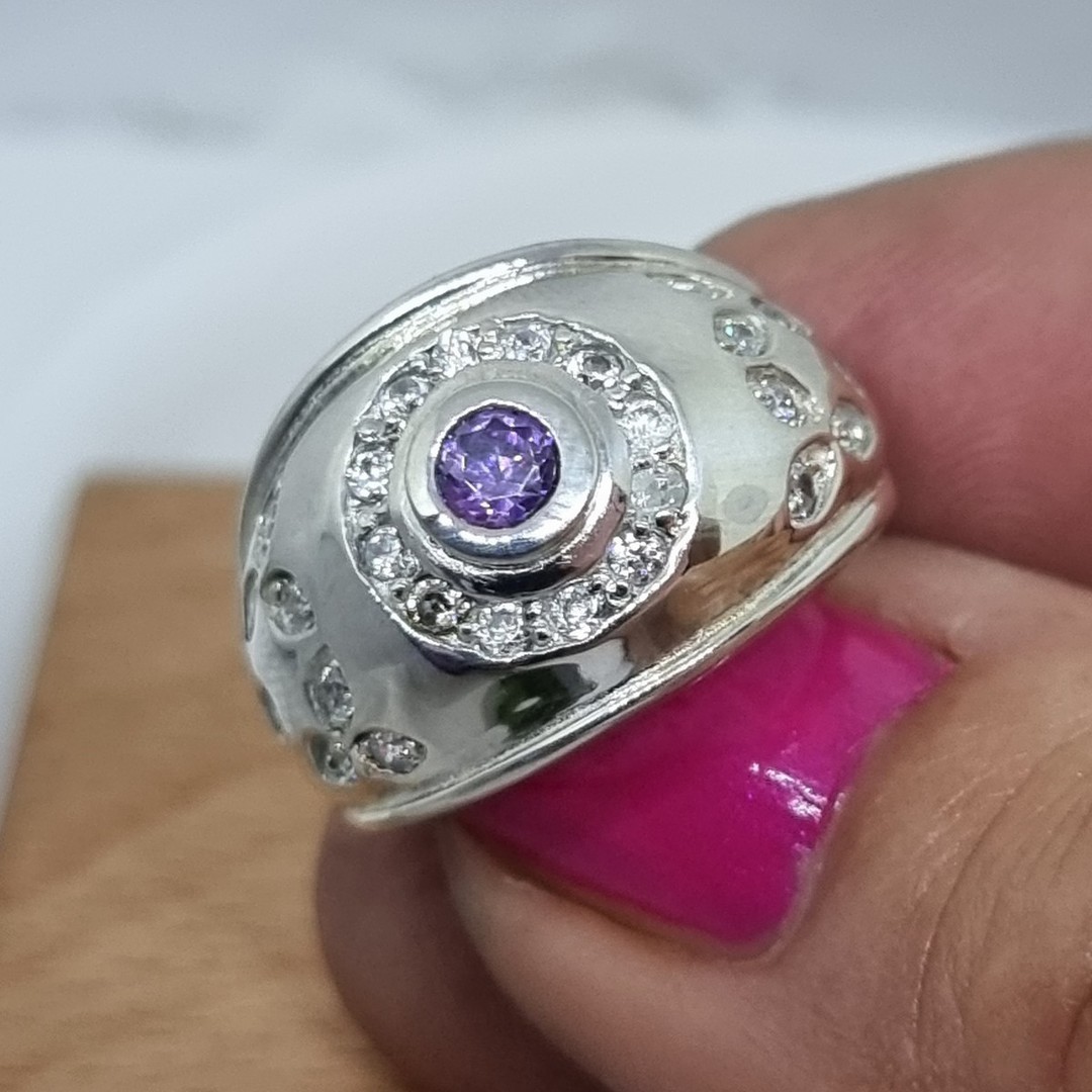 Sterling silver amethyst and cz gemstone ring - size N image 1