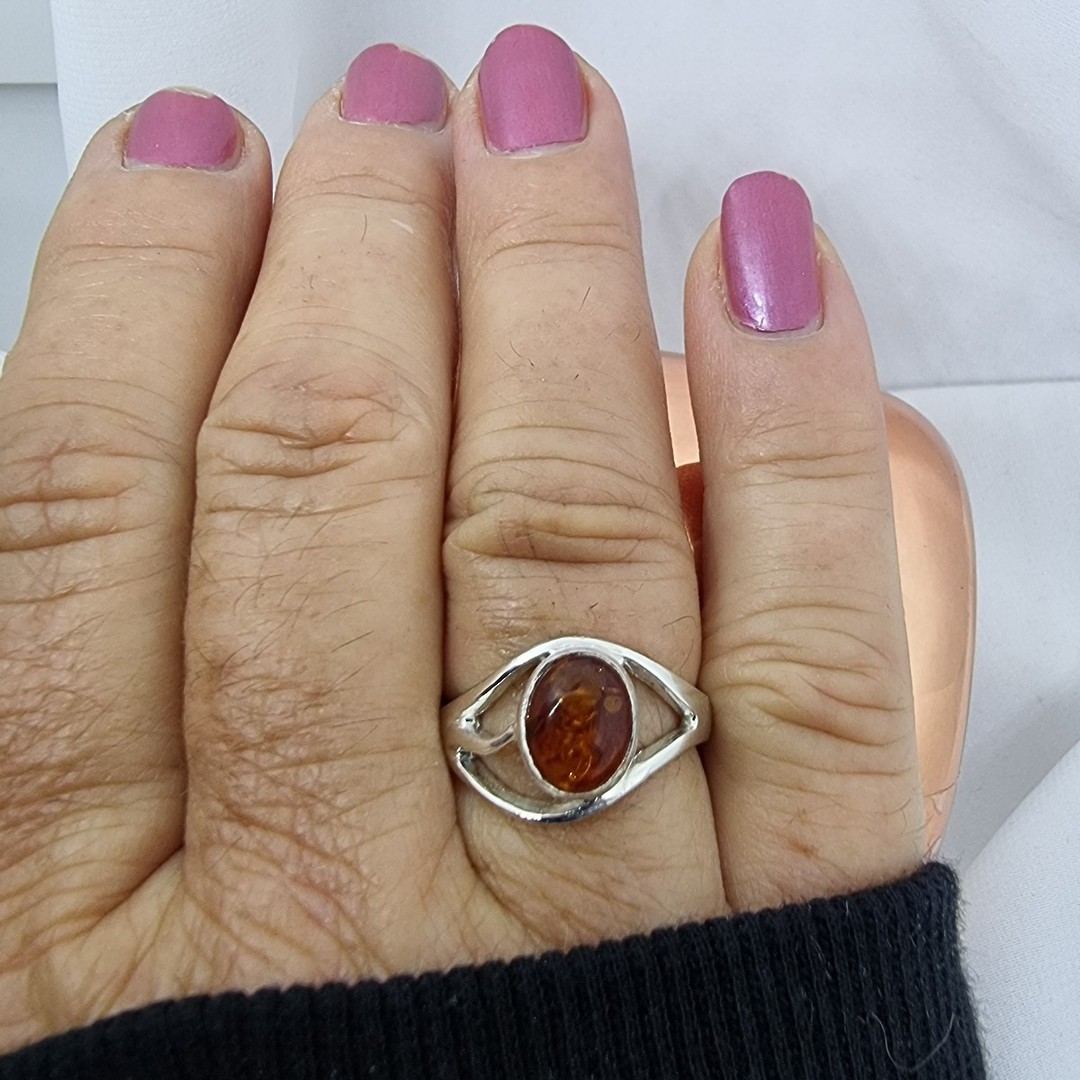 Open weave silver amber ring - made in NZ image 2
