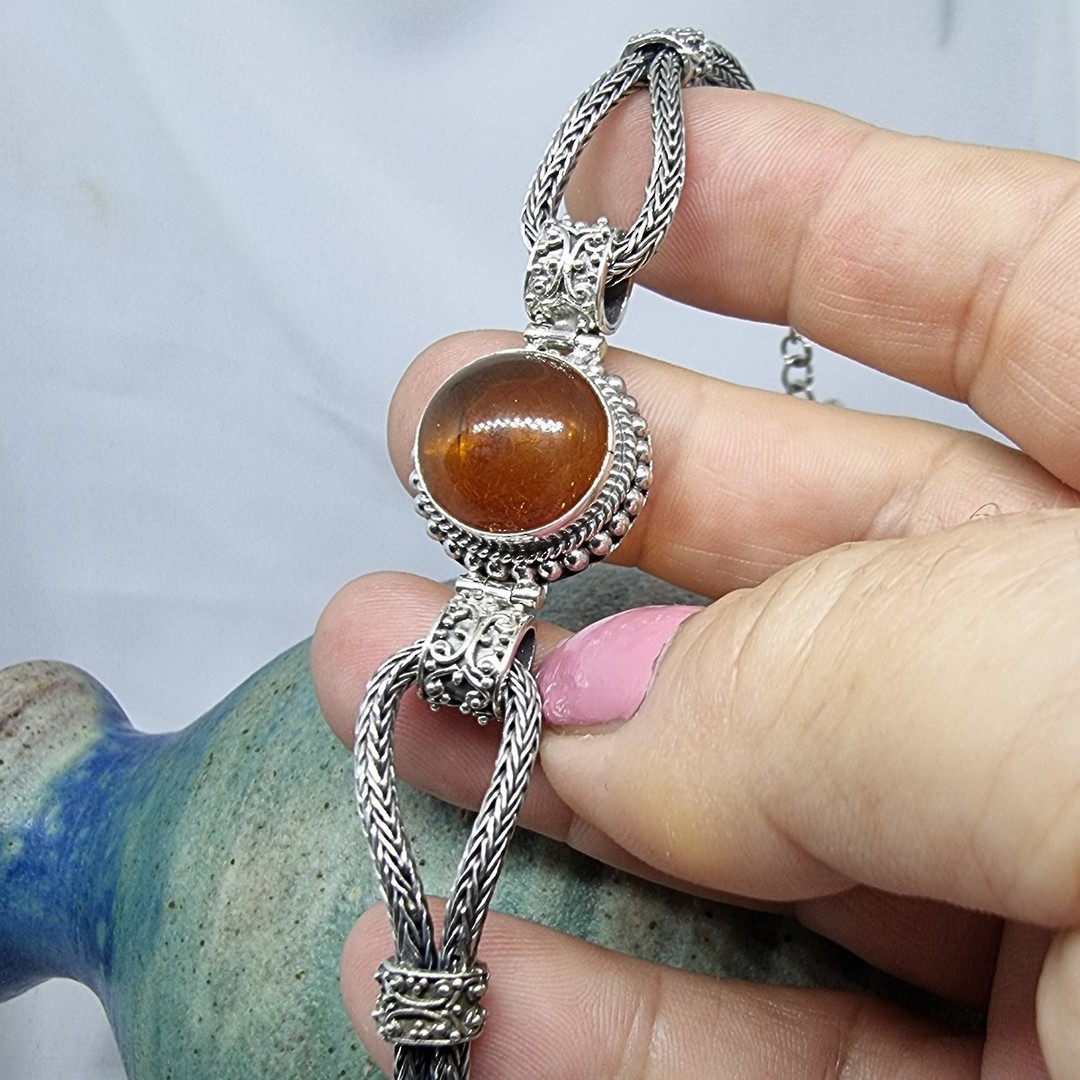 Sterling silver bracelet with round amber gemstone image 3