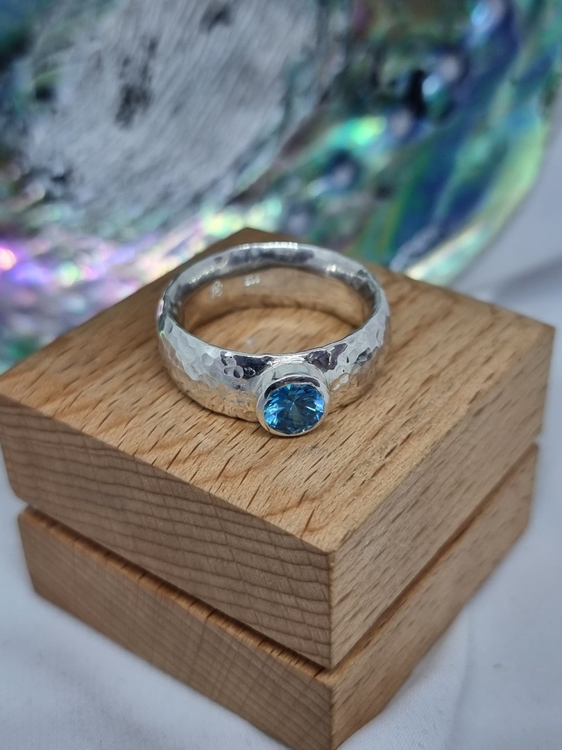 Sterling silver hammered band with blue topaz image 4