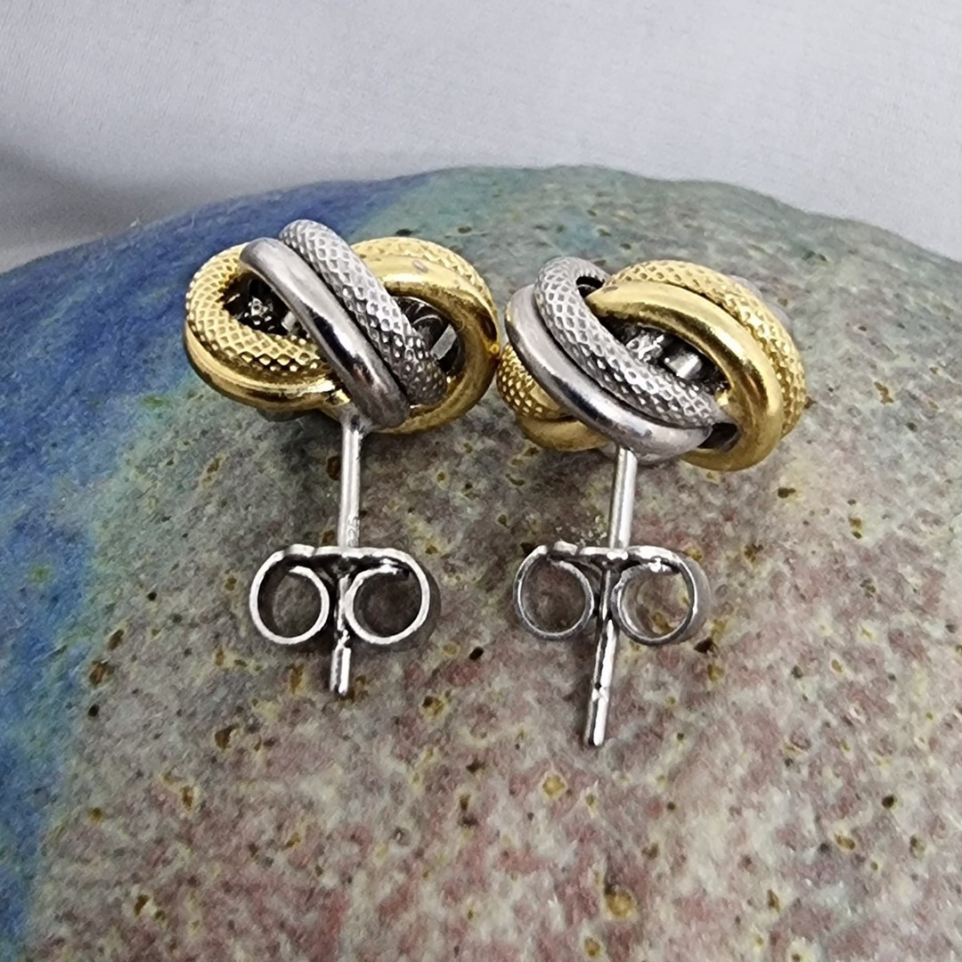 Silver knot stud earrings with gold plating image 1