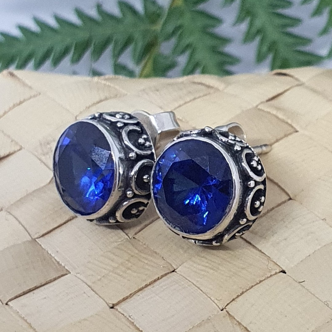 10mm round filigree synthetic sapphire stud earrings image 1