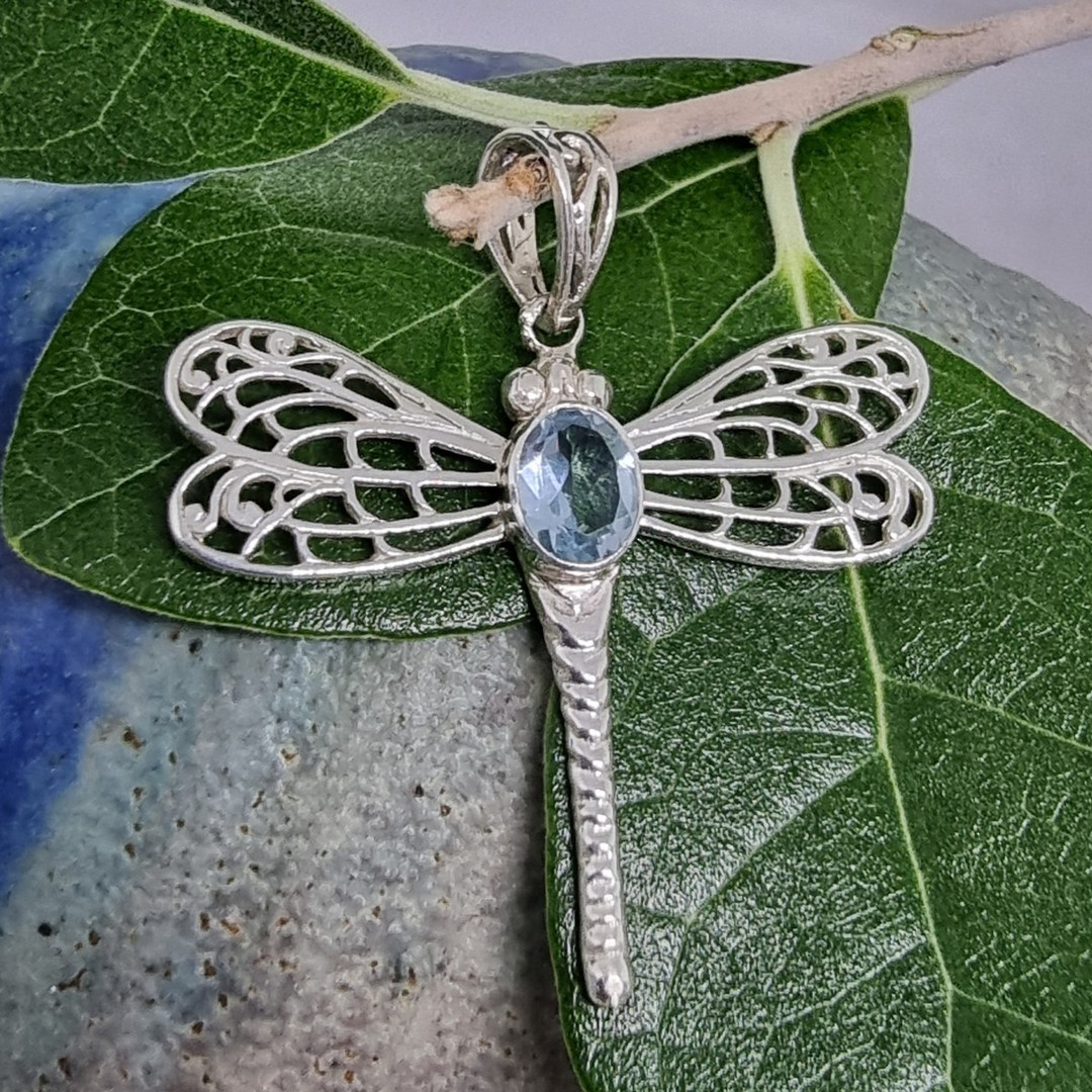 Sterling silver blue topaz dragonfly pendant image 0