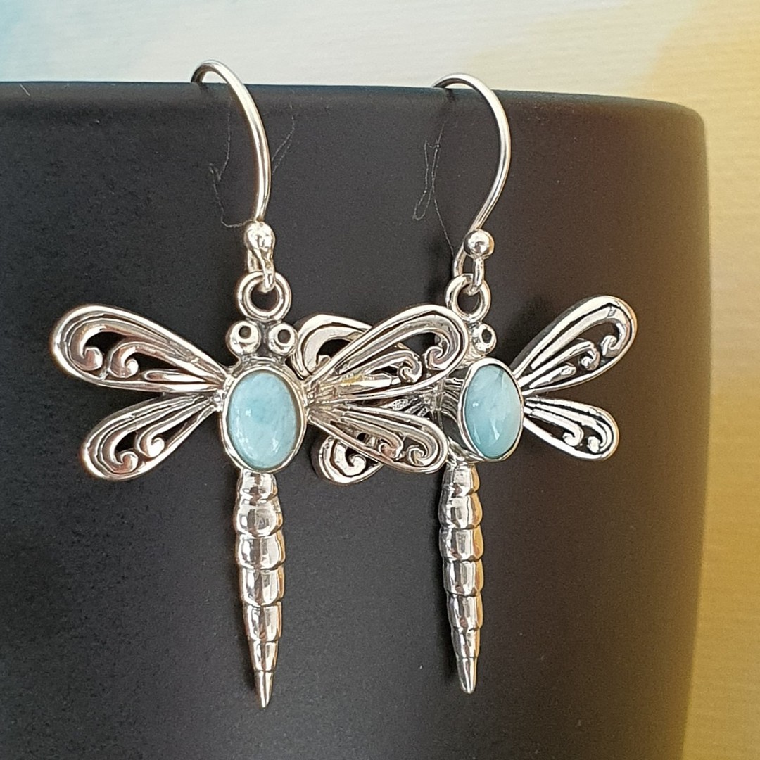 Silver dragonfly earrings with larimar gemstone image 0
