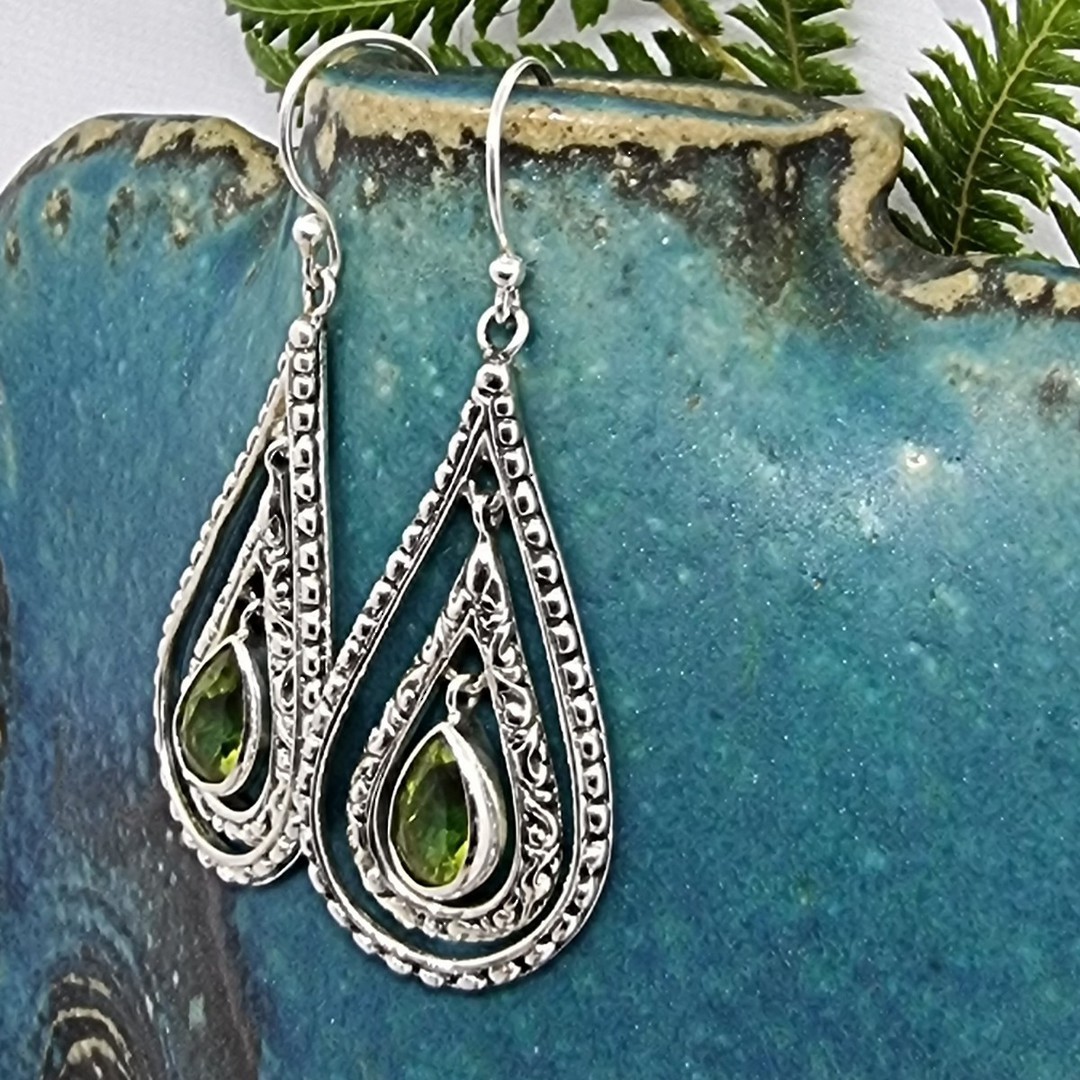 Sterling silver teardrop hook peridot earrings image 2