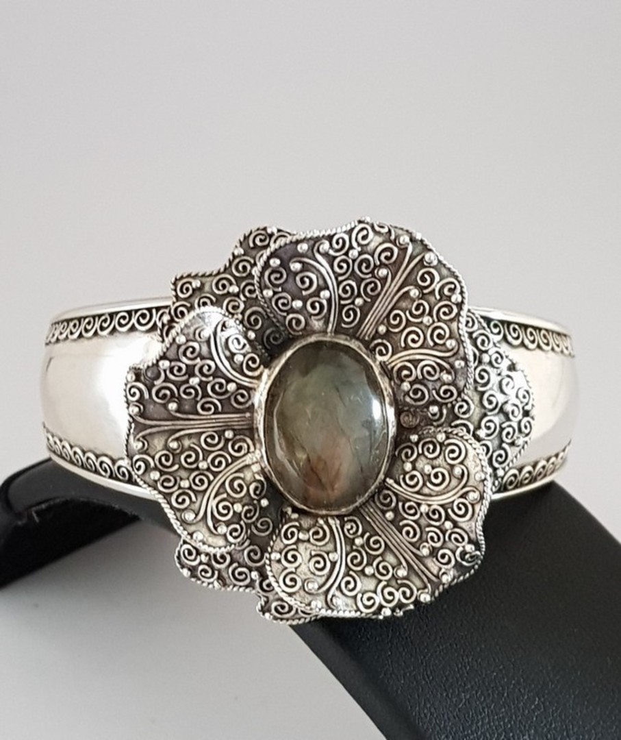 Silver cuff bangle, with large filigree flower and labradorite gemstone image 0