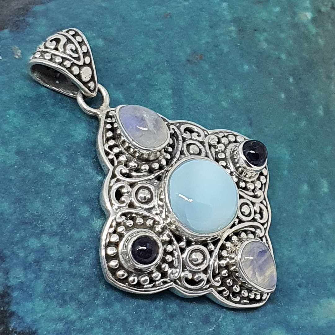 Sterling silver larimar and multi gemstone pendant image 1